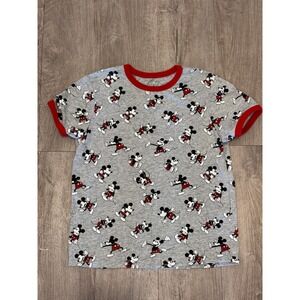 Disney Ringer T Shirt Kids Large 10/12 Gray Graphic Mickey Mouse Allover Print
